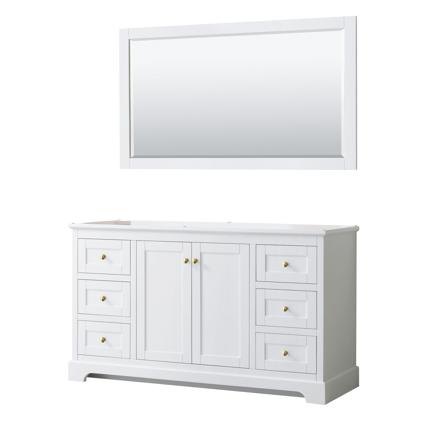 Avery 60" Single Vanity in White, No Top, No Sink, 58" Mirror, Brushed Gold Trim