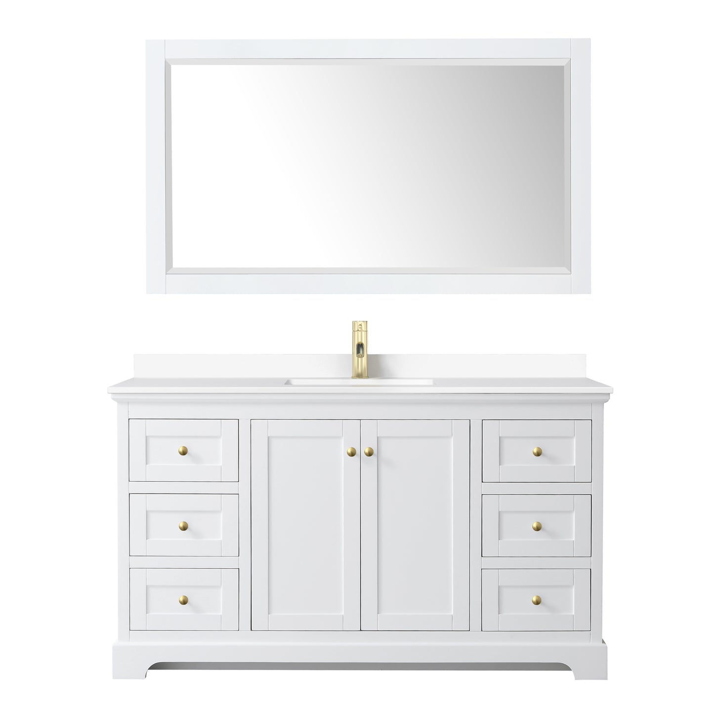 Avery 60" White Single Vanity, White Marble Top, 58" Mirror, Brushed Gold Trim