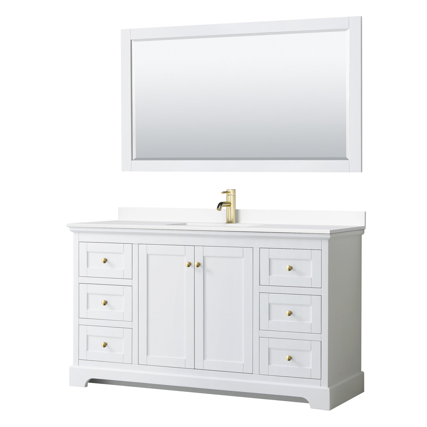 Avery 60" White Single Vanity, White Marble Top, 58" Mirror, Brushed Gold Trim