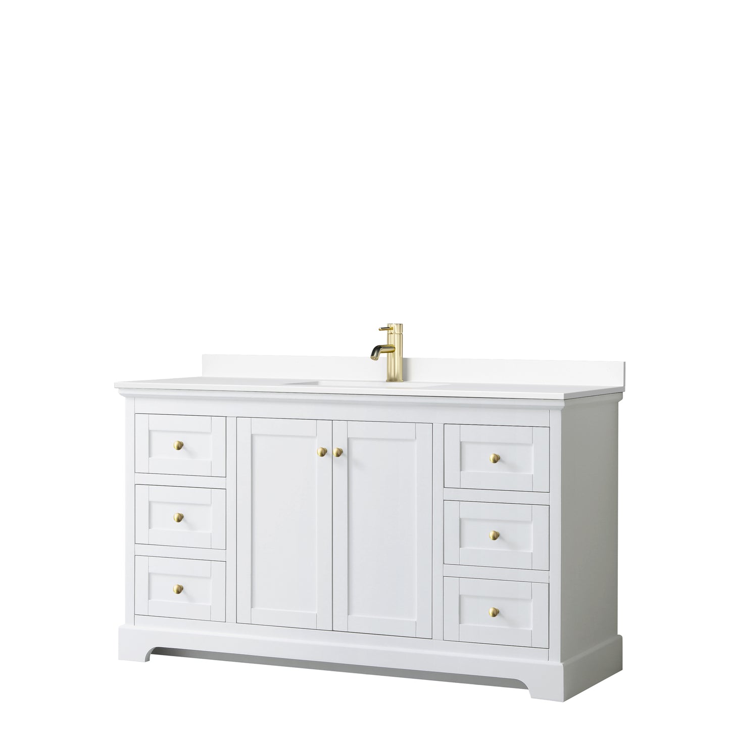Avery 60" Single Vanity in White, White Cultured Marble Top, Gold Trim