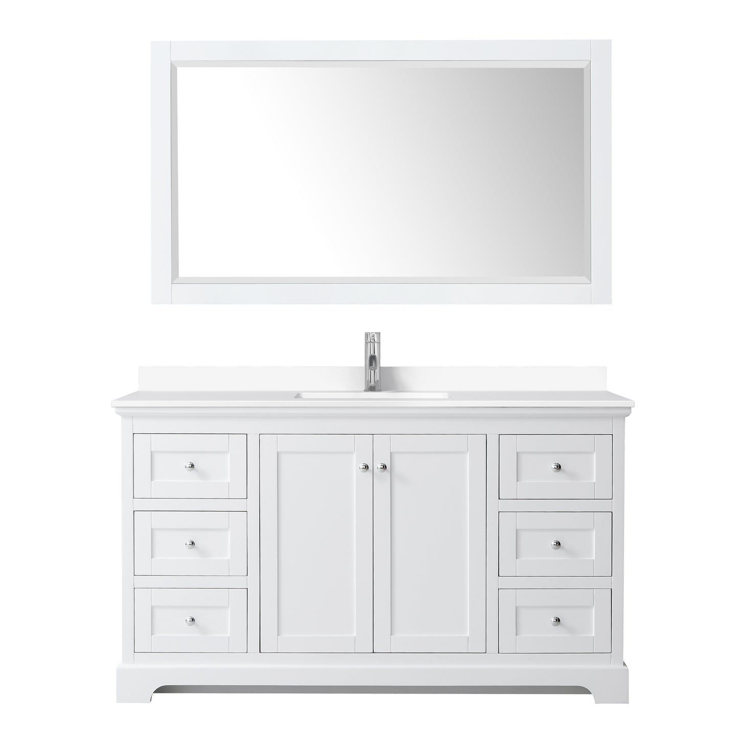 Avery 60" Single Vanity in White, White Cultured Marble Top, Sink, 58" Mirror