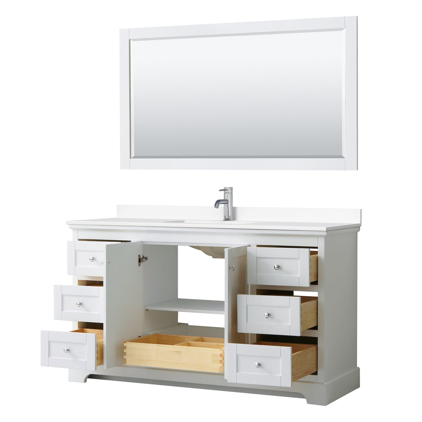 Avery 60" Single Vanity in White, White Cultured Marble Top, Sink, 58" Mirror