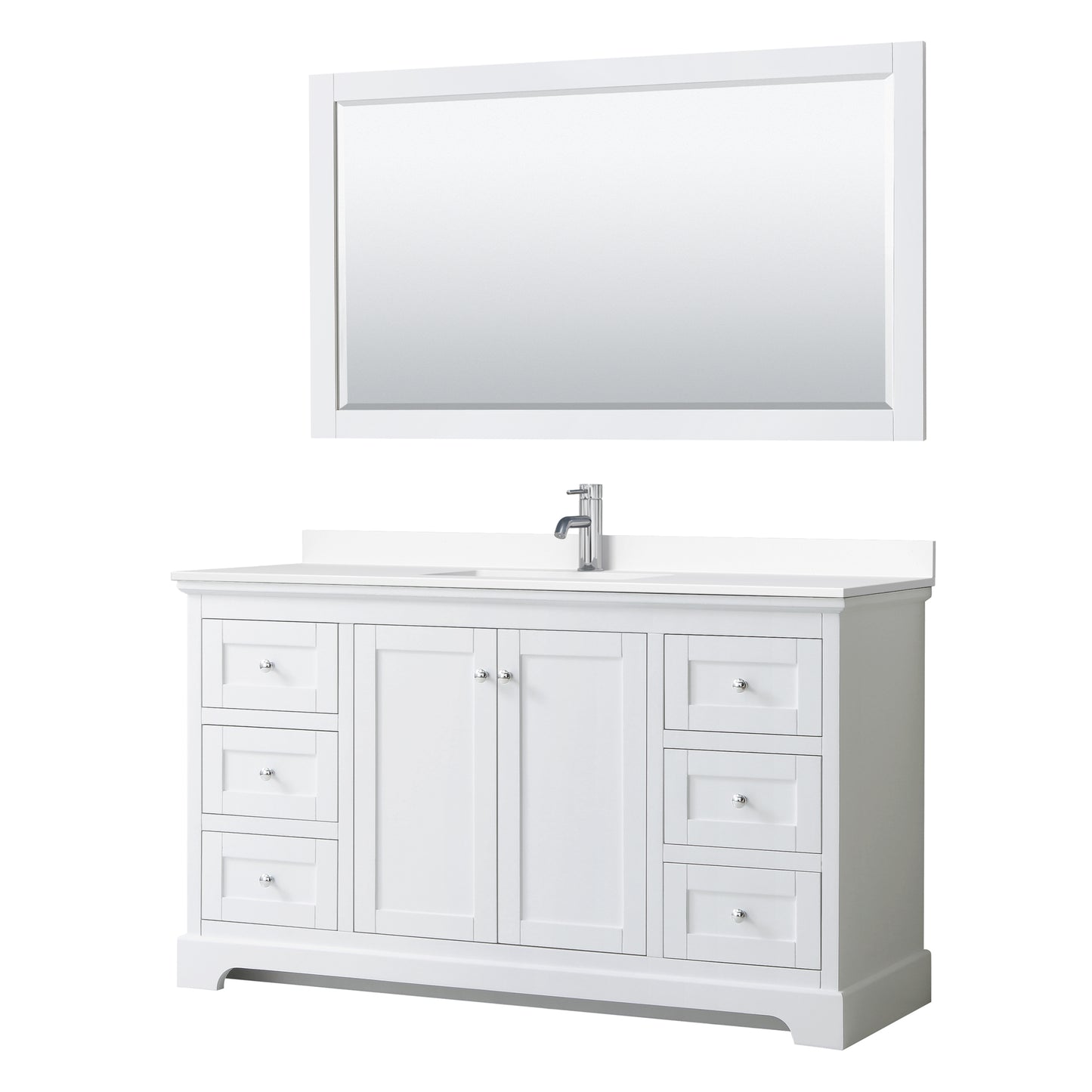 Avery 60" Single Vanity in White, White Cultured Marble Top, Sink, 58" Mirror
