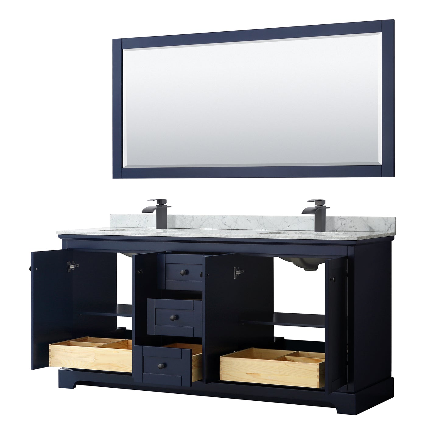 Avery 72" Double Vanity in Dark Blue, Top, Square Matte Black Trim, 70" Mirror