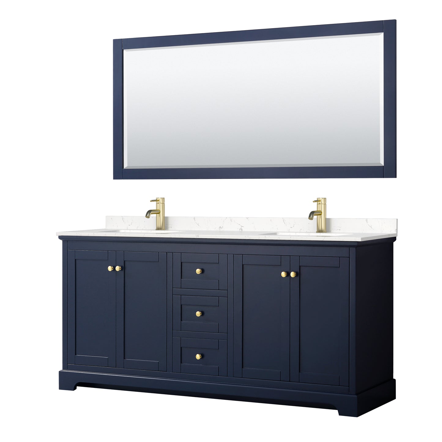 Avery 72" Double Vanity in Dark Blue, Carrara Cultured Marble Top, 70" Mirror