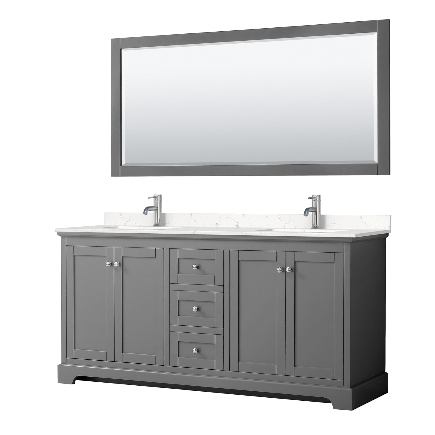 Avery 72" Double Vanity in Dark Gray, Carrara Cultured Marble Top, 70" Mirror
