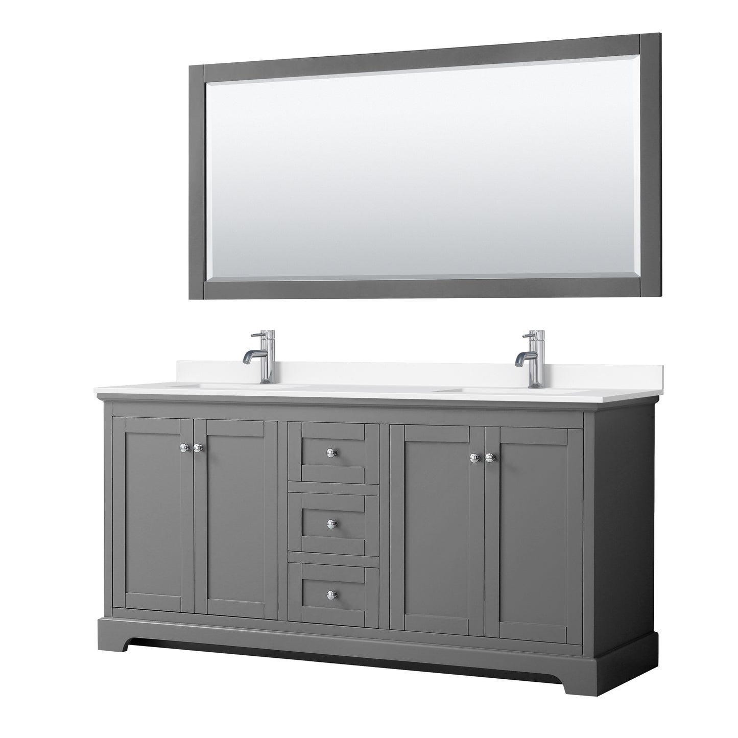 Avery 72" Double Vanity in Dark Gray, White Cultured Marble Top, 70" Mirror