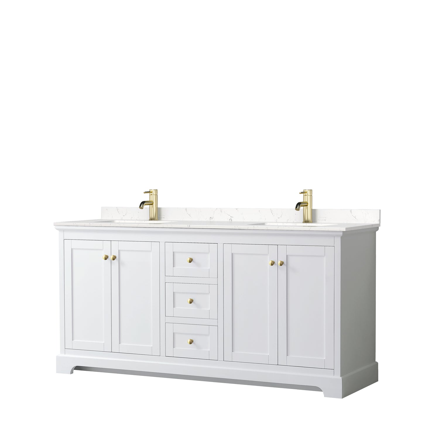 Avery 72" Double Vanity in White, Carrara Cultured Marble Top, Gold Trim