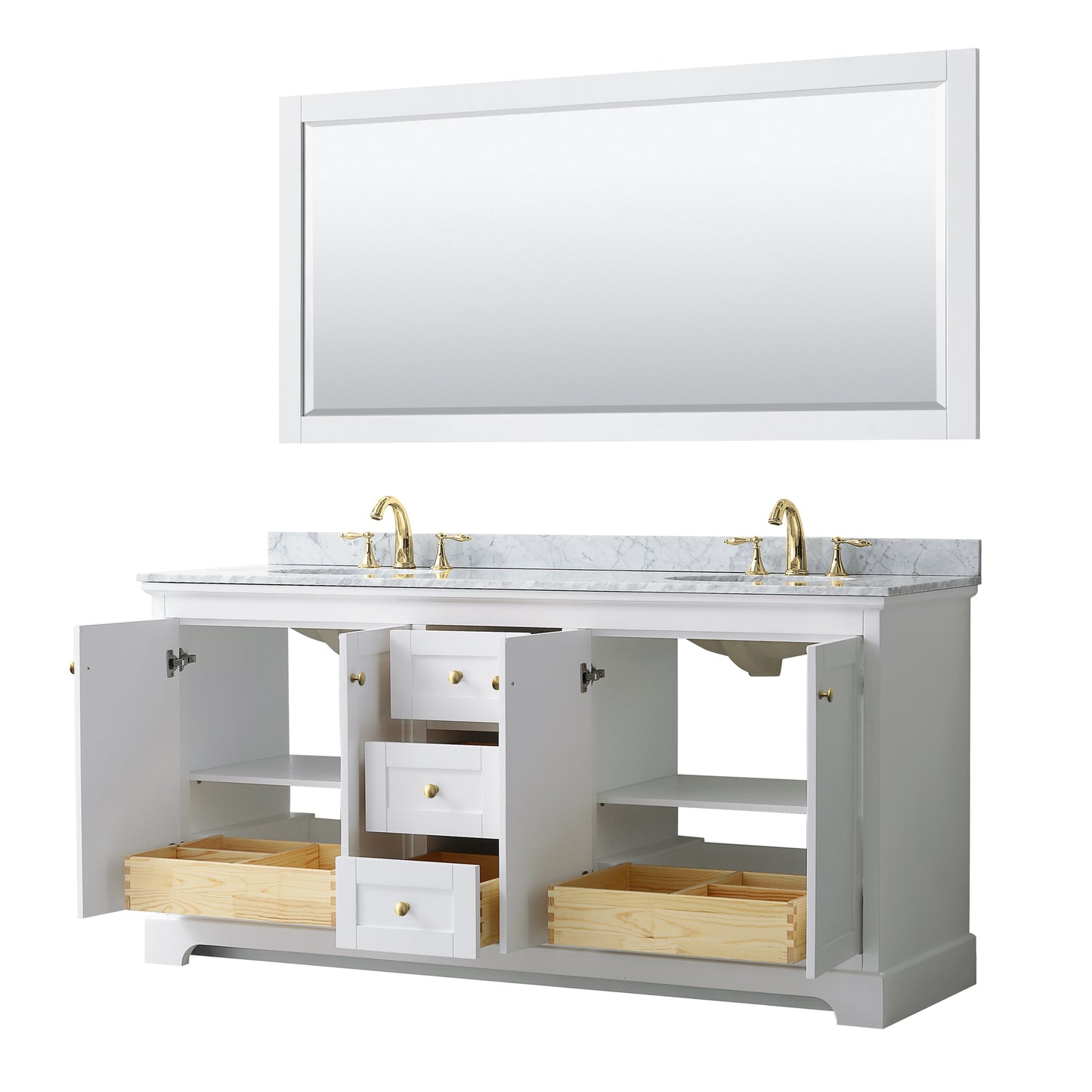Avery 72" Double Vanity in White, Top, Oval Sinks, 70" Mirror, Brushed Gold Trim