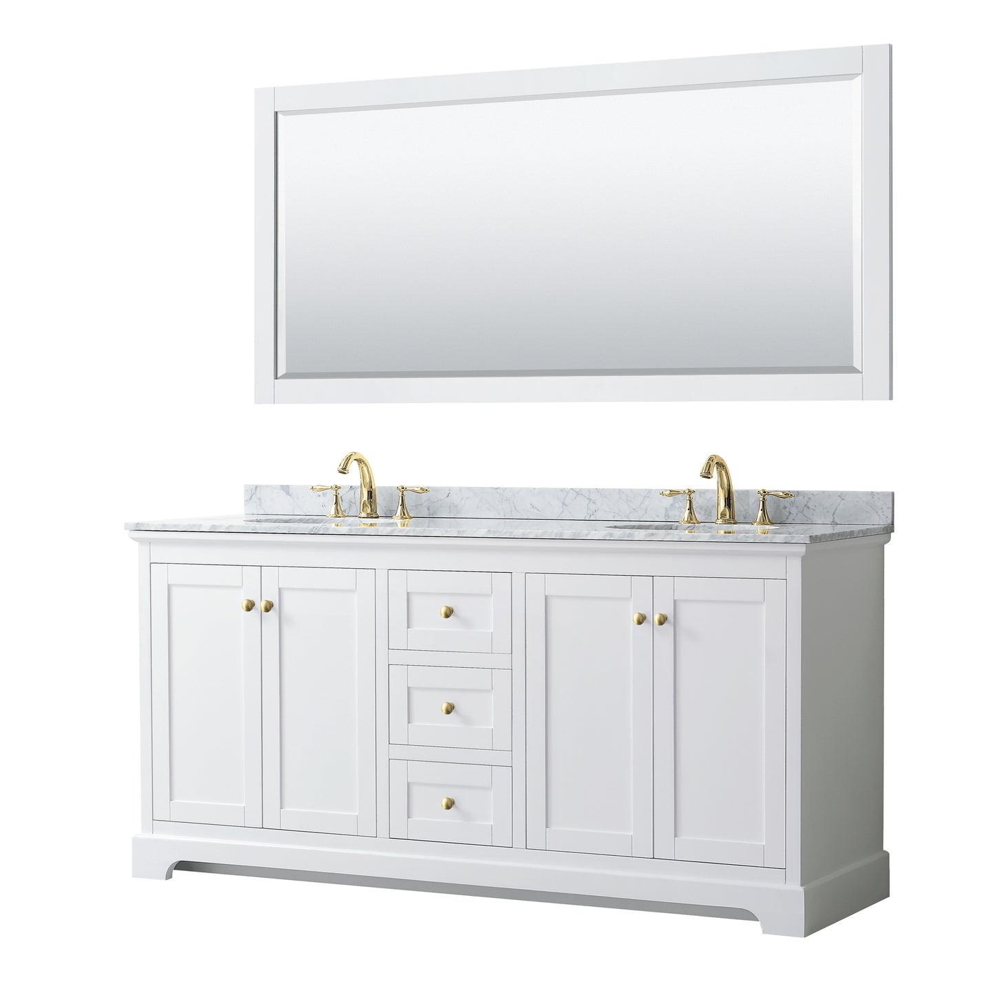 Avery 72" Double Vanity in White, Top, Oval Sinks, 70" Mirror, Brushed Gold Trim