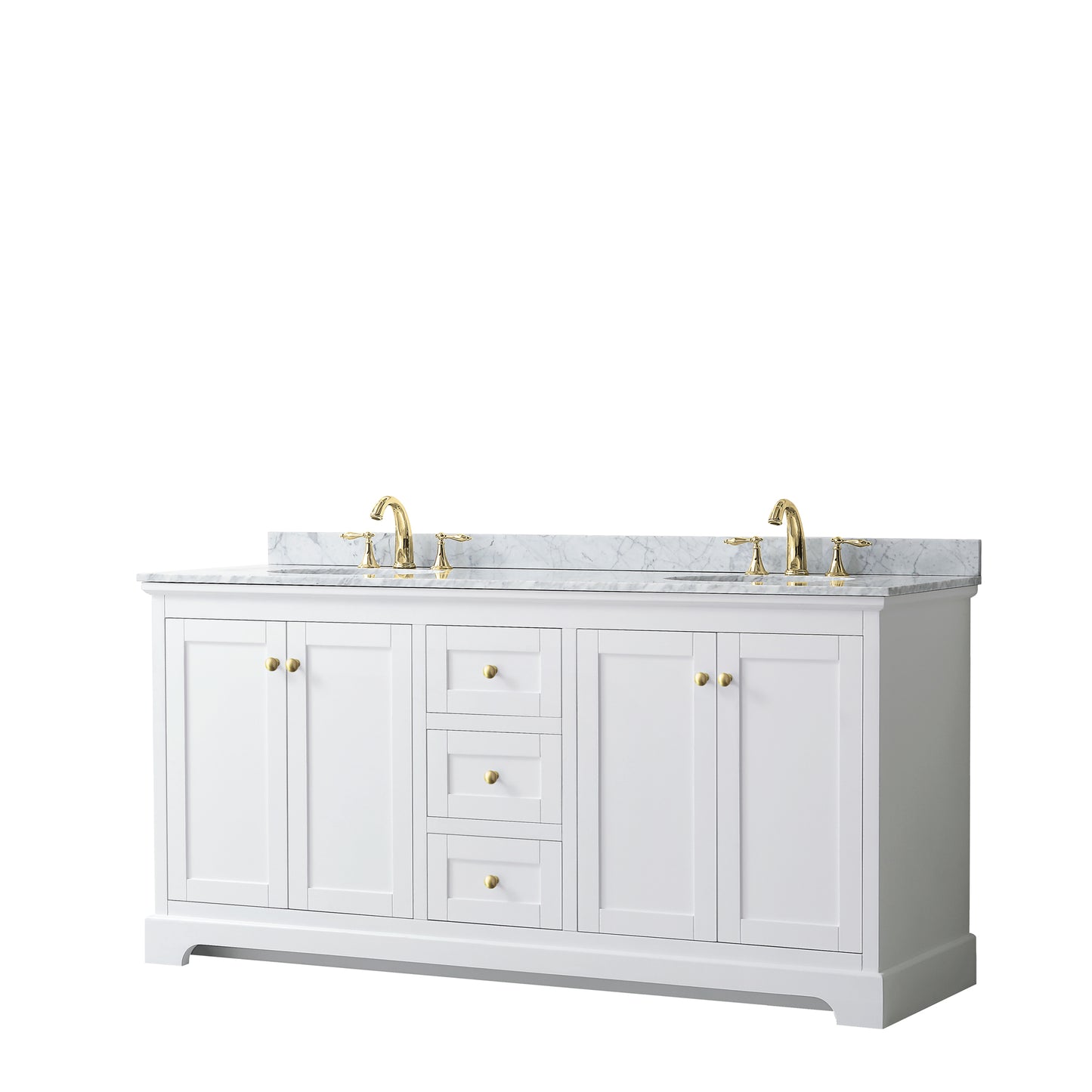 Avery 72" Double Vanity in White, Top, Oval Sinks, Brushed Gold Trim