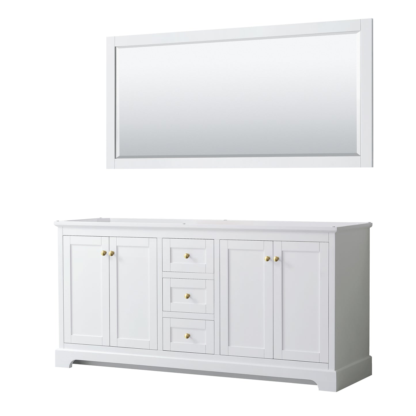 Avery 72" Double Vanity in White, No Top, No 70" Mirror, Brushed Gold Trim