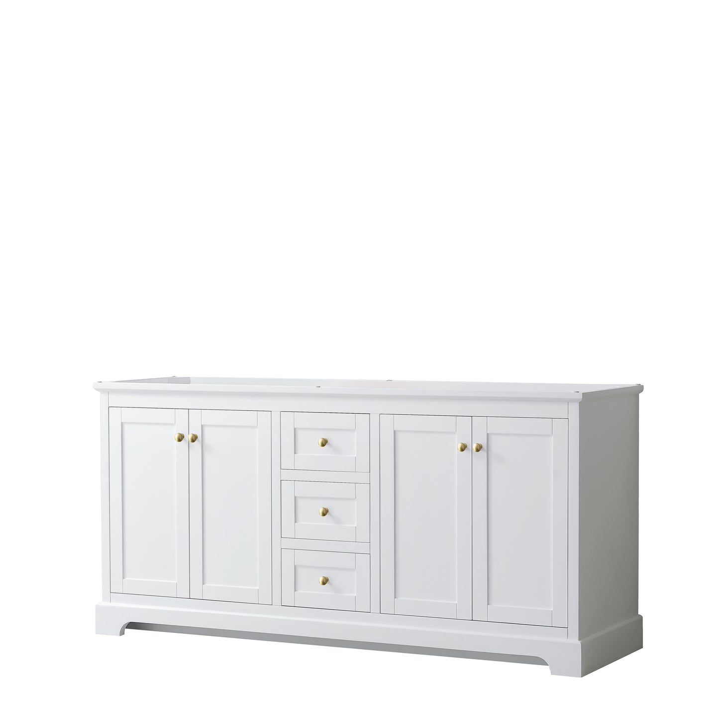 Avery 72" Double Vanity in White, No Top, No Sinks, Brushed Gold Trim