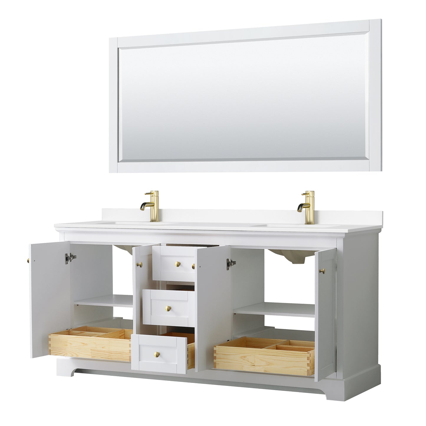 Avery 72" Double Vanity in White, White Cultured Marble Top, Gold Trim