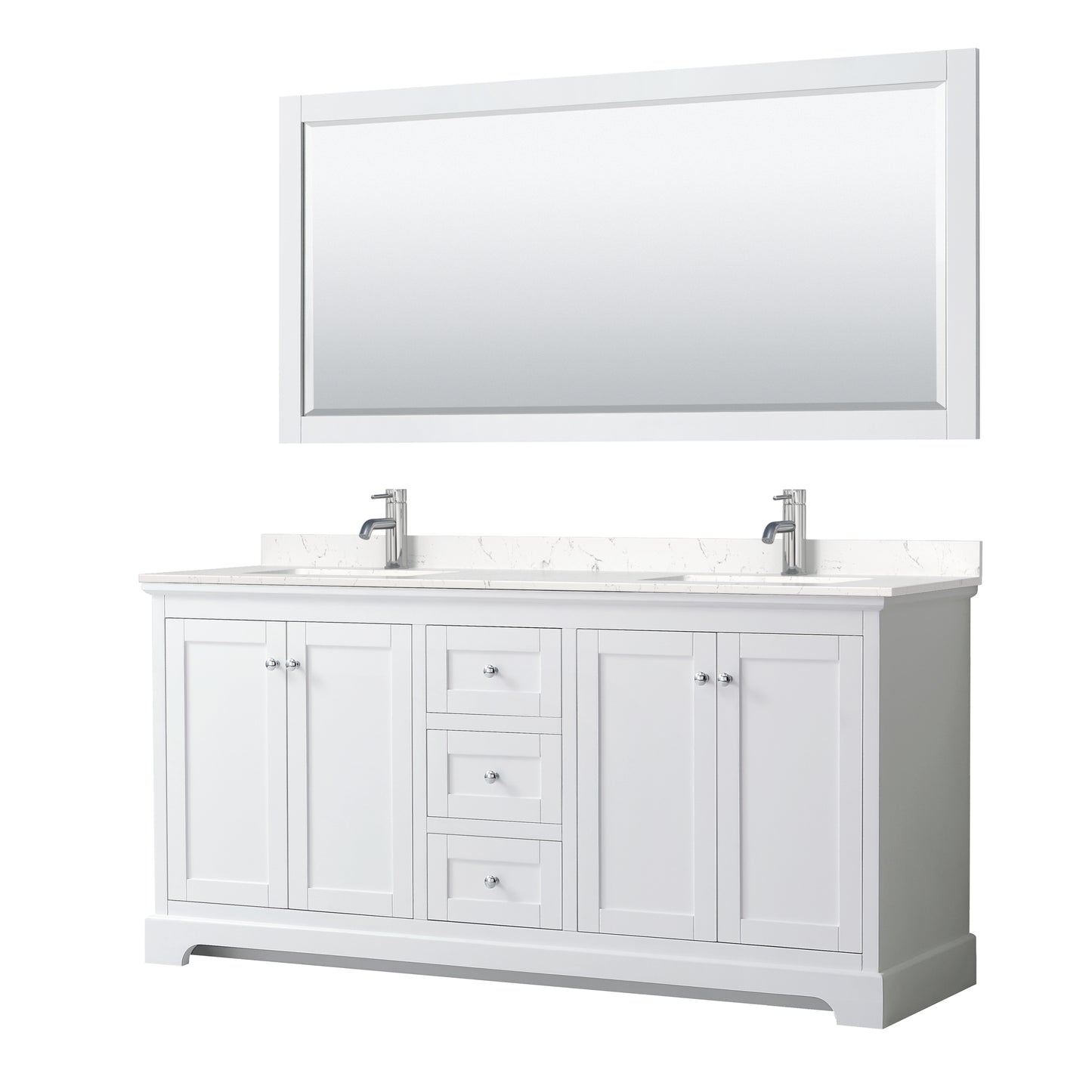 Avery 72" Double Vanity in White, Carrara Cultured Marble Top, Sinks, 70" Mirror