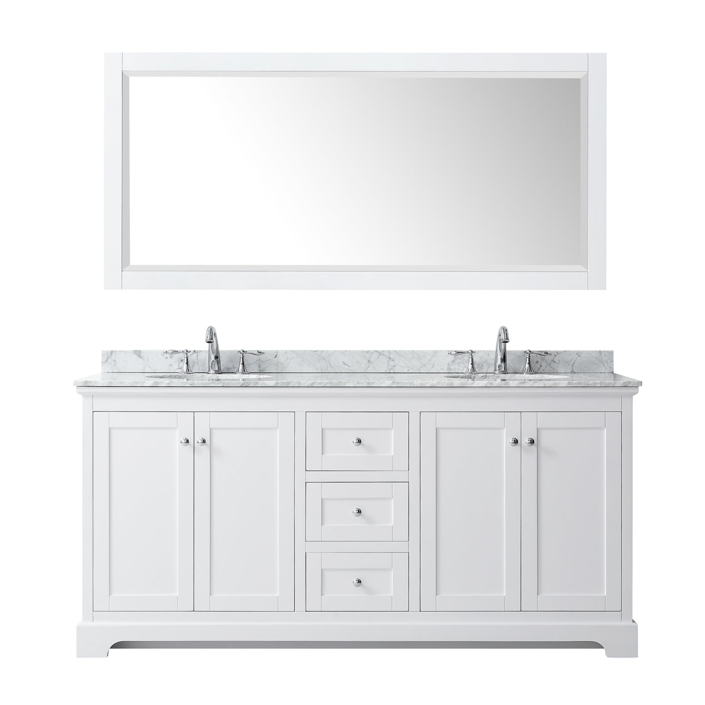 Avery 72" Double Vanity in White, Top, Oval Sinks, 70" Mirror