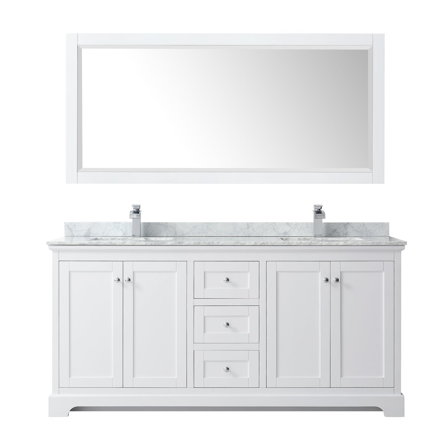 Avery 72" Double Vanity in White, Top, Square Sinks, 70" Mirror