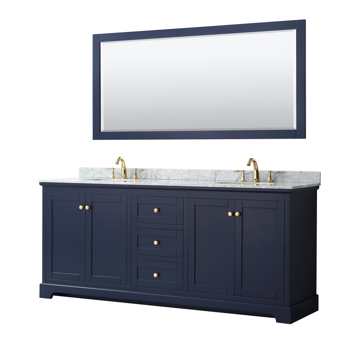 Avery 80 Inch Double Bathroom Vanity in Dark Blue, White Carrara Marble Countertop, Undermount Oval Sinks, and 70 Inch Mirror