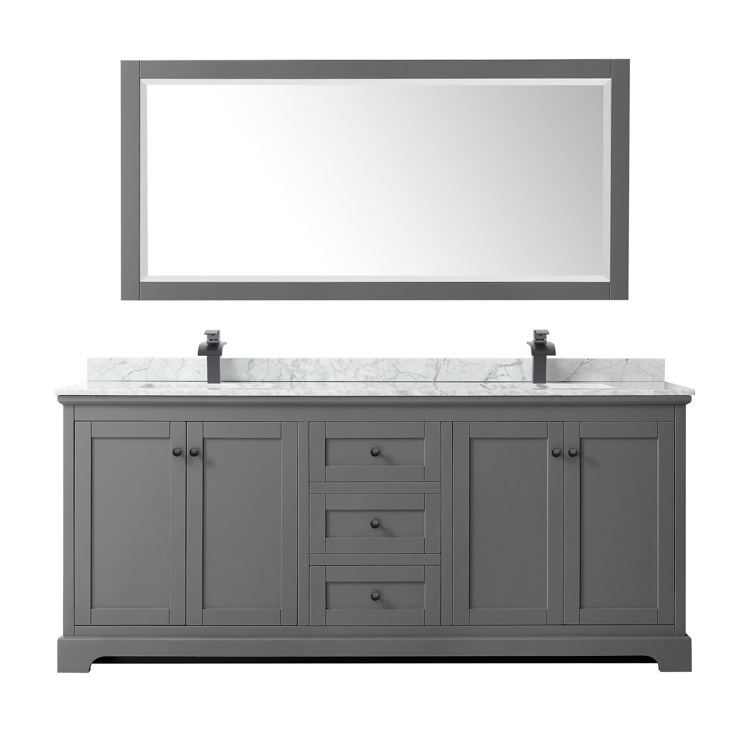 Avery 80" Double Vanity in Dark Gray, Top, Square Matte Black Trim, 70" Mirror