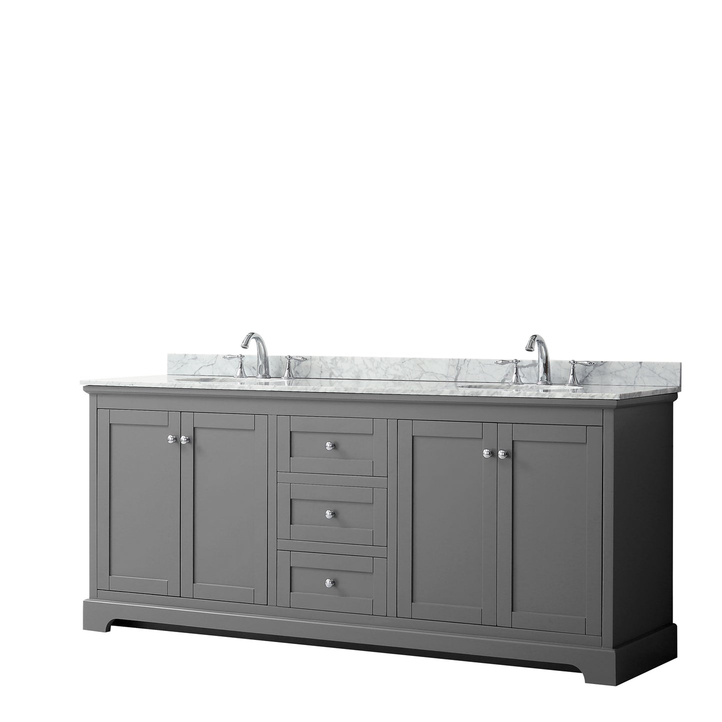 Avery 80 Inch Double Bathroom Vanity in Dark Gray, White Carrara Marble Countertop, Undermount Oval Sinks, and No Mirror
