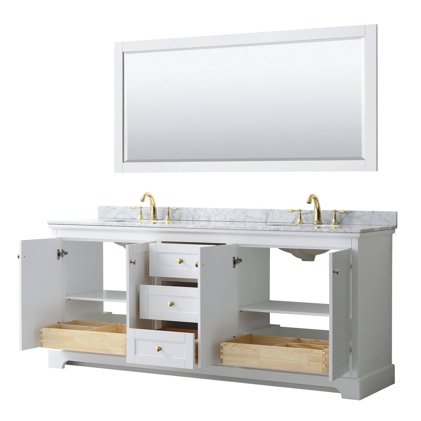 Avery 80" Double Vanity in White, Top, Oval Sinks, 70" Mirror, Brushed Gold Trim