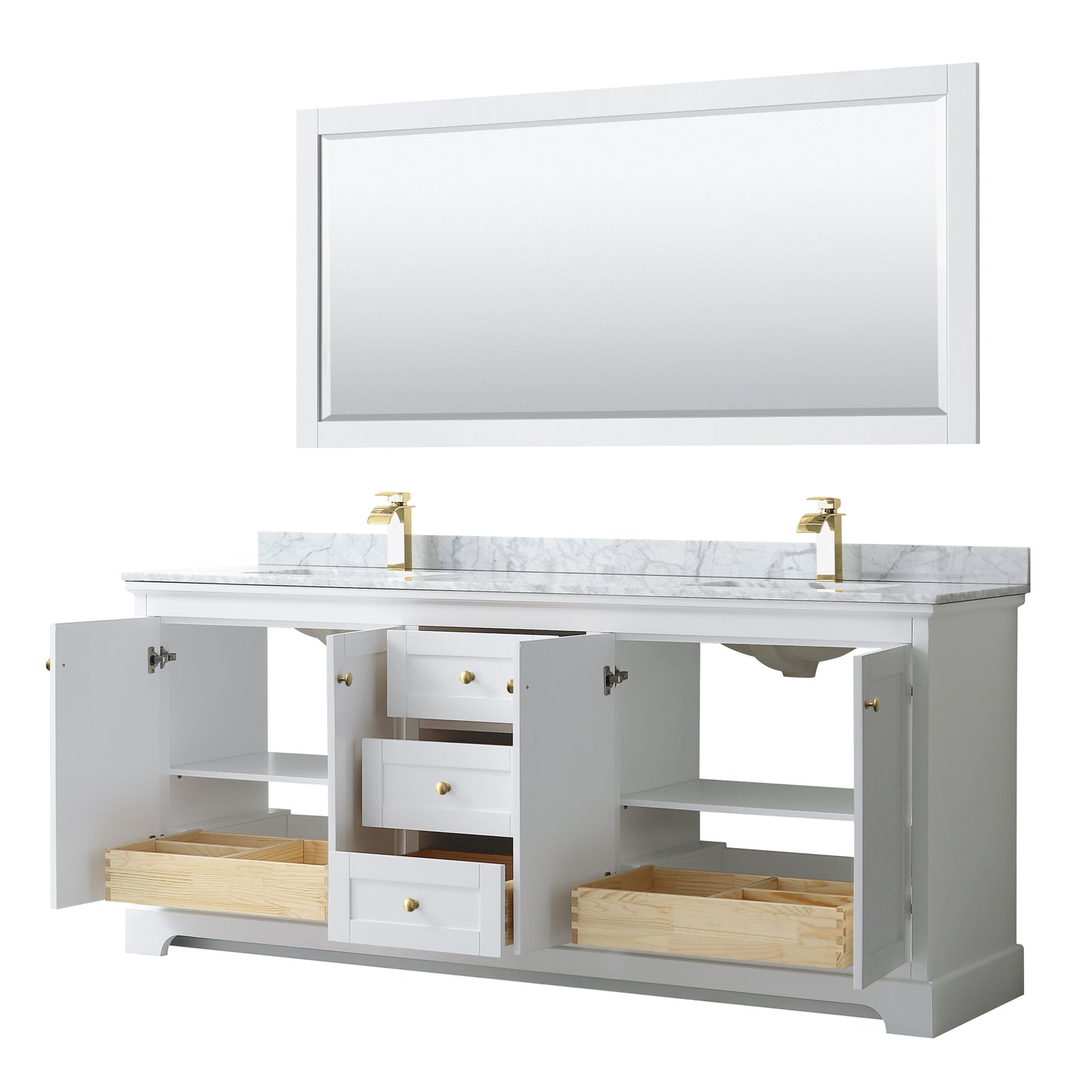 Avery 80" Double Vanity in White, Top, Square 70" Mirror, Brushed Gold Trim