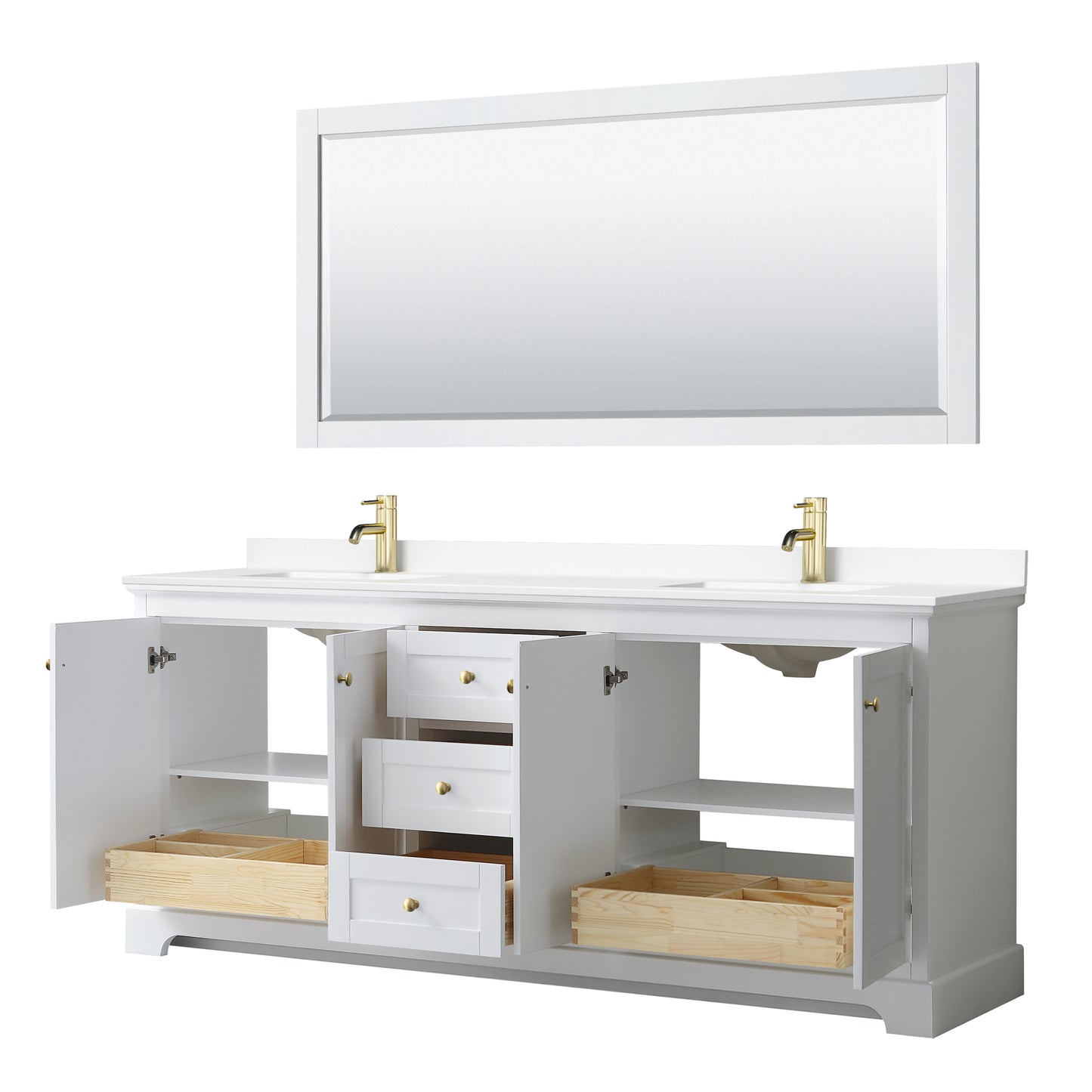 Avery 80" Double Vanity in White, White Cultured Marble Top, Gold Trim