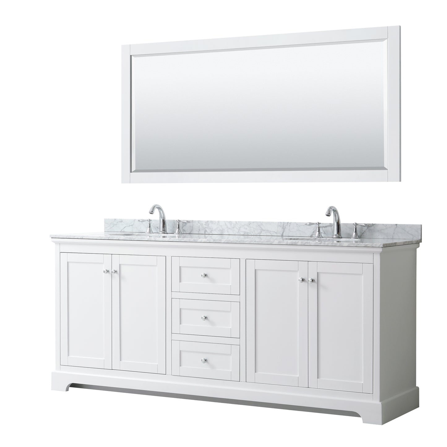Avery 80 Inch Double Bathroom Vanity in White, White Carrara Marble Countertop, Undermount Oval Sinks, and 70 Inch Mirror