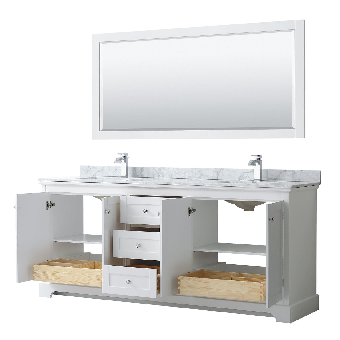 Avery 80" Double Vanity in White, Top, Square Sinks, 70" Mirror