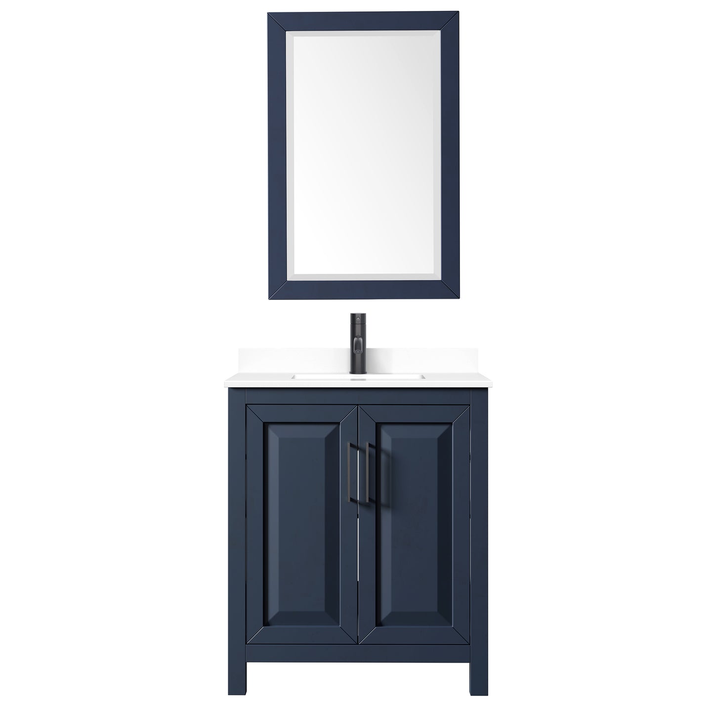 Daria 30" Single Vanity in Dark Blue, White Marble Top, Black Trim, 24" Mirror