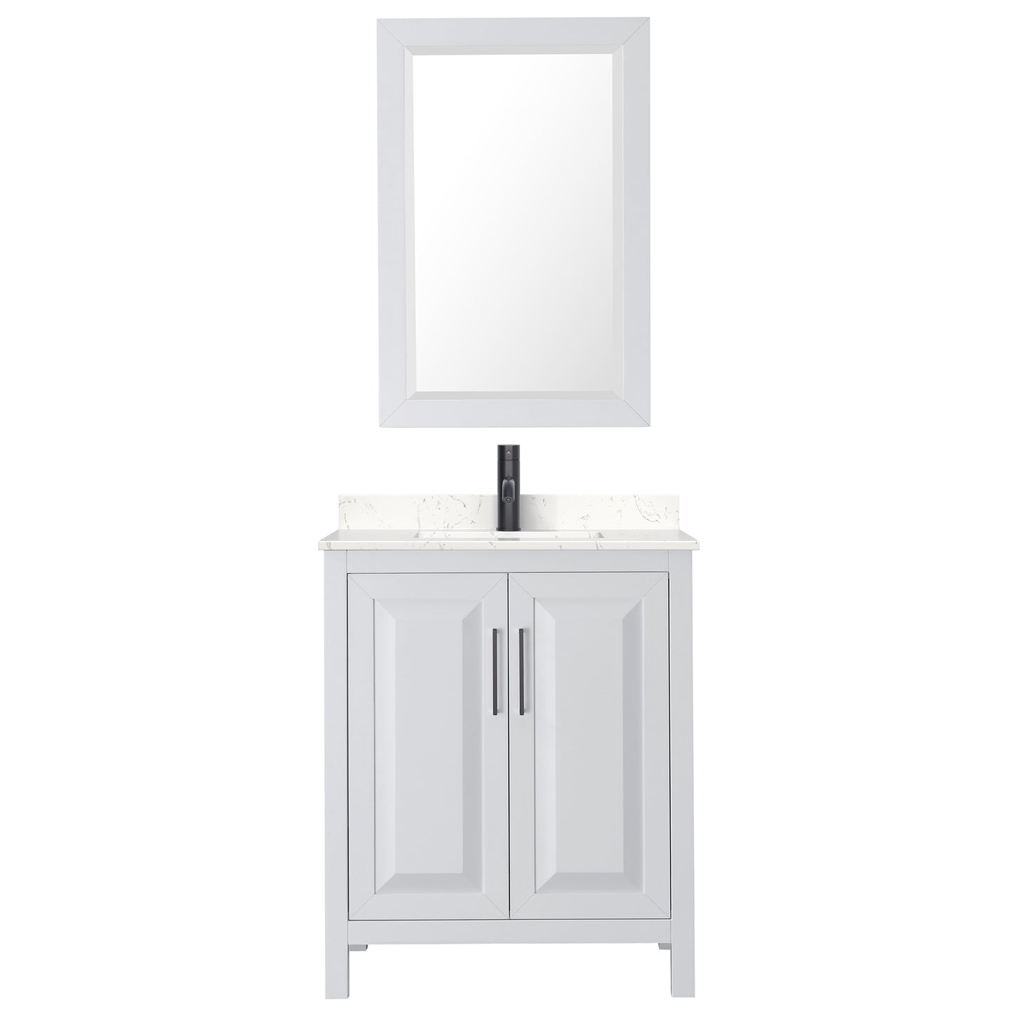 Daria 30" Single Vanity in White, Carrara Marble Top, Black Trim, 24" Mirror