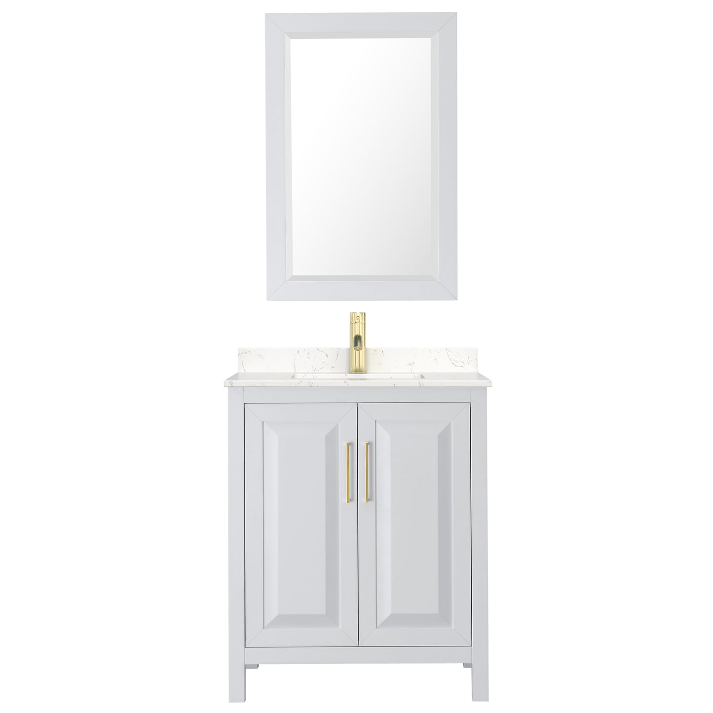 Daria 30" White Single Vanity, Carrara Marble Top, 24" Mirror, Brushed Gold Trim