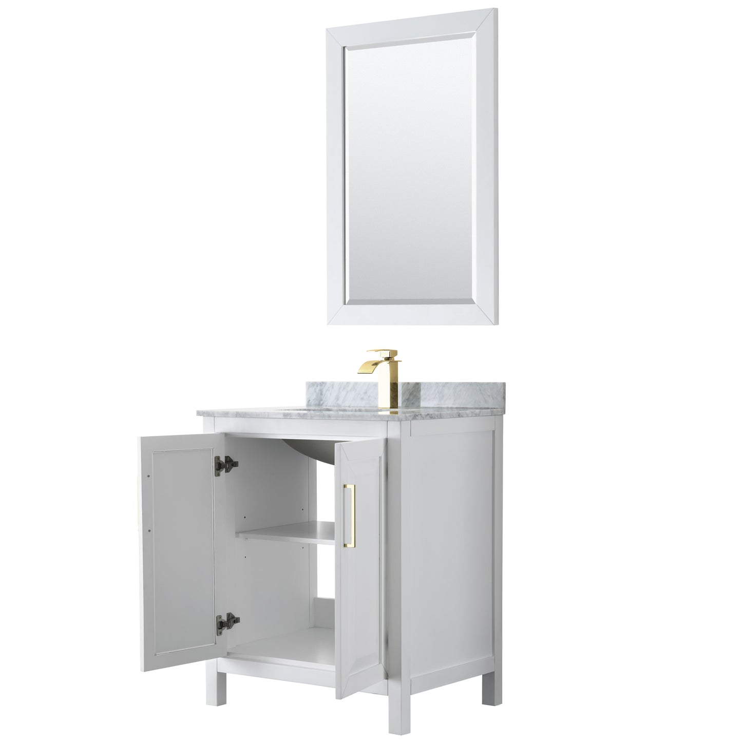 Daria 30" Single Vanity in White, Top, Square 24" Mirror, Brushed Gold Trim