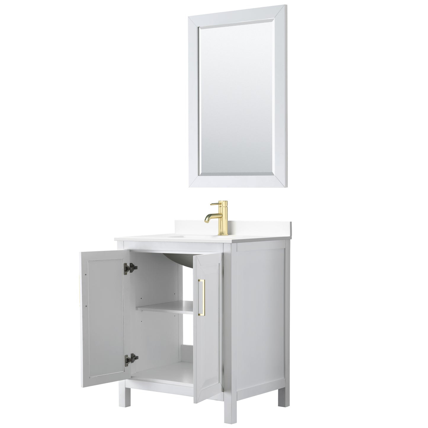 Daria 30" White Single Vanity, White Marble Top, 24" Mirror, Brushed Gold Trim