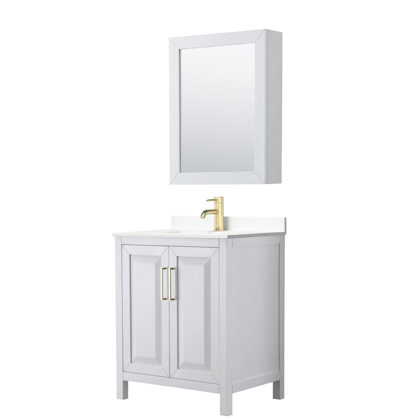 Daria 30" White Single Vanity, White Marble Top, Medicine Cabinet, Gold Trim