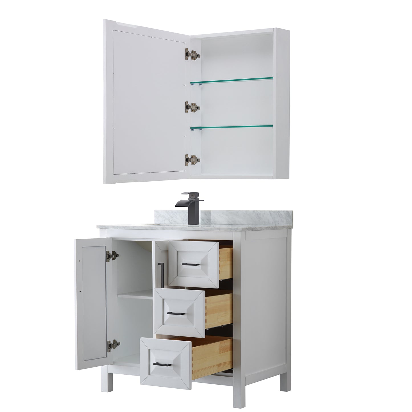 Daria 36" Single Vanity in White, Top, Square Matte Black Trim, Medicine Cabinet