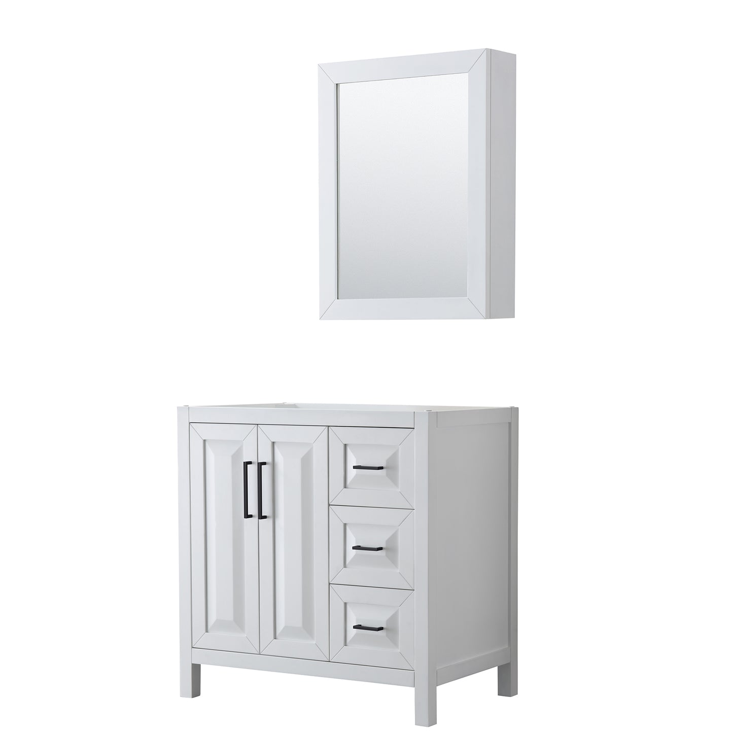 Daria 36" Single Vanity in White, No Top, Matte Black Trim, Medicine Cabinet