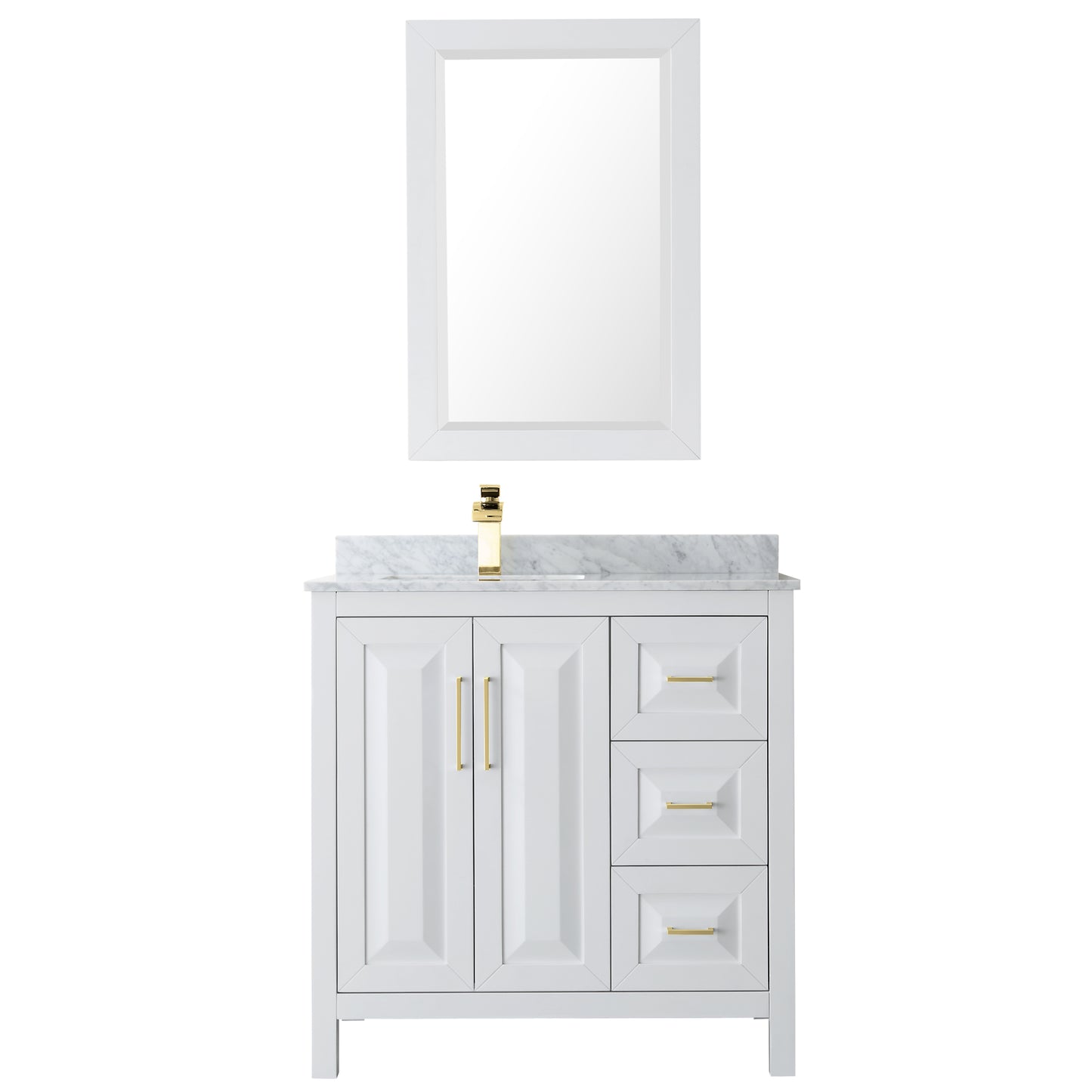 Daria 36" Single Vanity in White, Top, Square 24" Mirror, Brushed Gold Trim