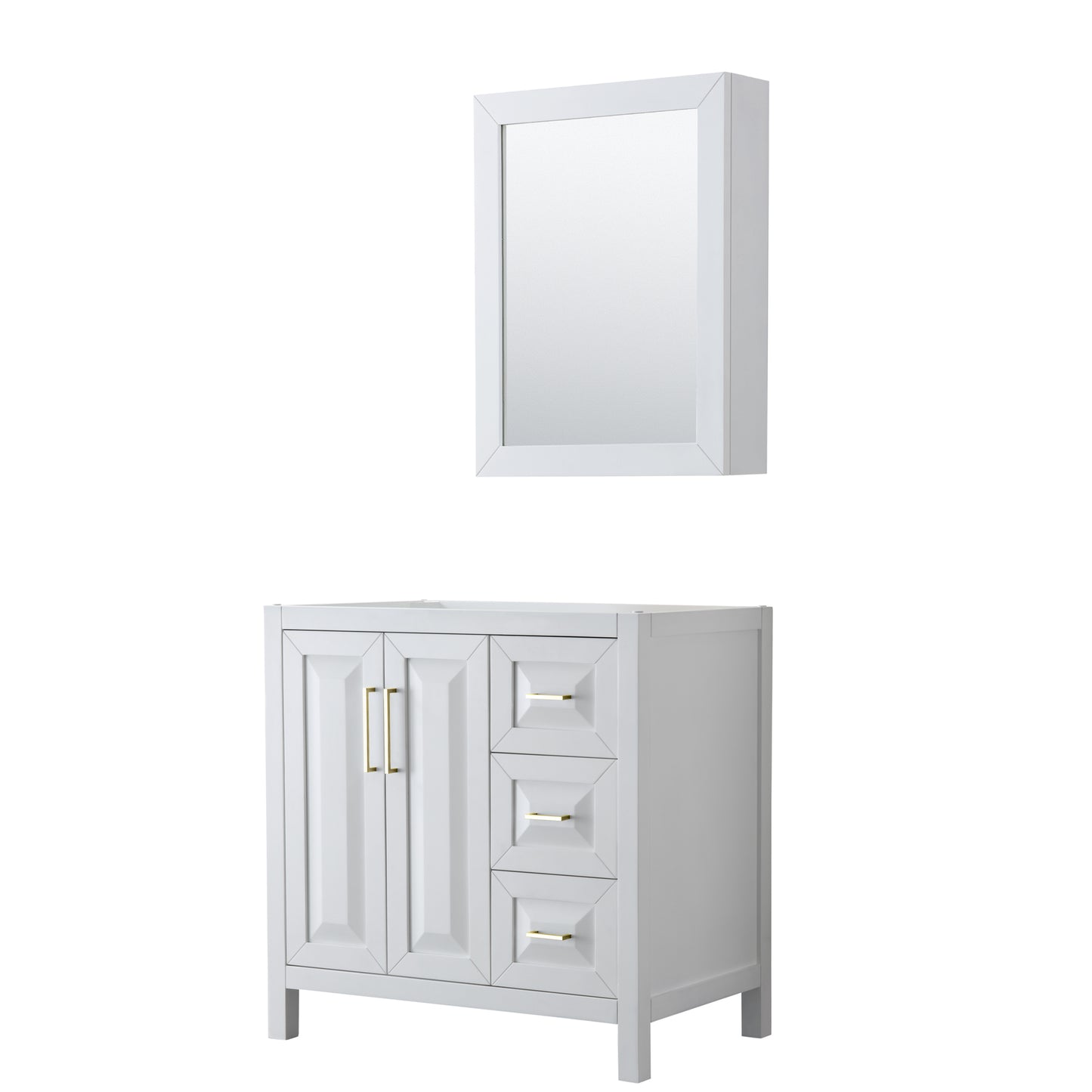 Daria 36" Single Vanity in White, No Top, No Medicine Cabinet, Brushed Gold Trim