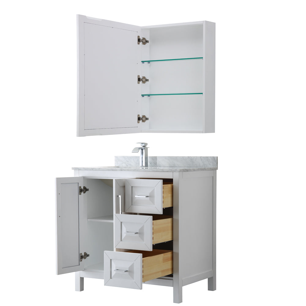 Daria 36" Single Vanity in White, Top, Square Sink, Medicine Cabinet