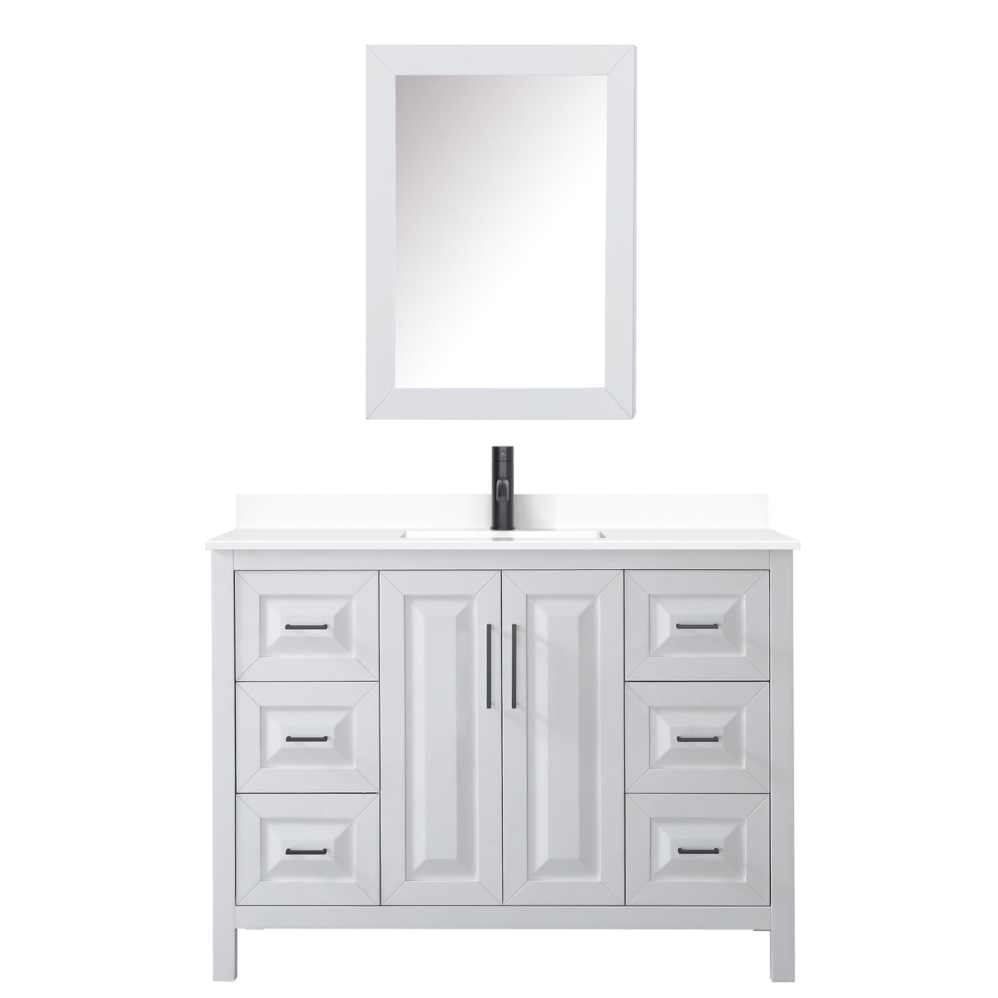 Daria 48" Single Vanity in White, White Marble Top, Black Trim, Medicine Cabinet