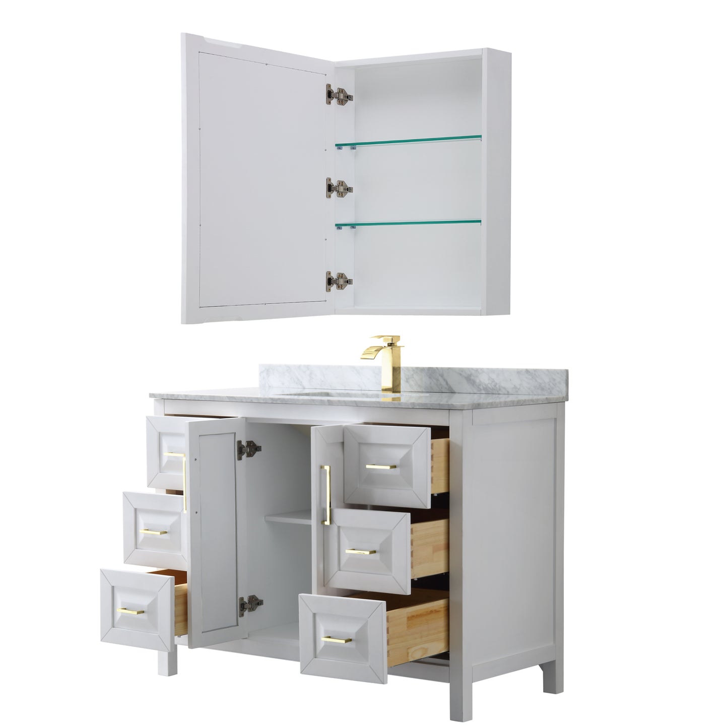 Daria 48" Single Vanity in White, Top, Medicine Cabinet, Brushed Gold Trim