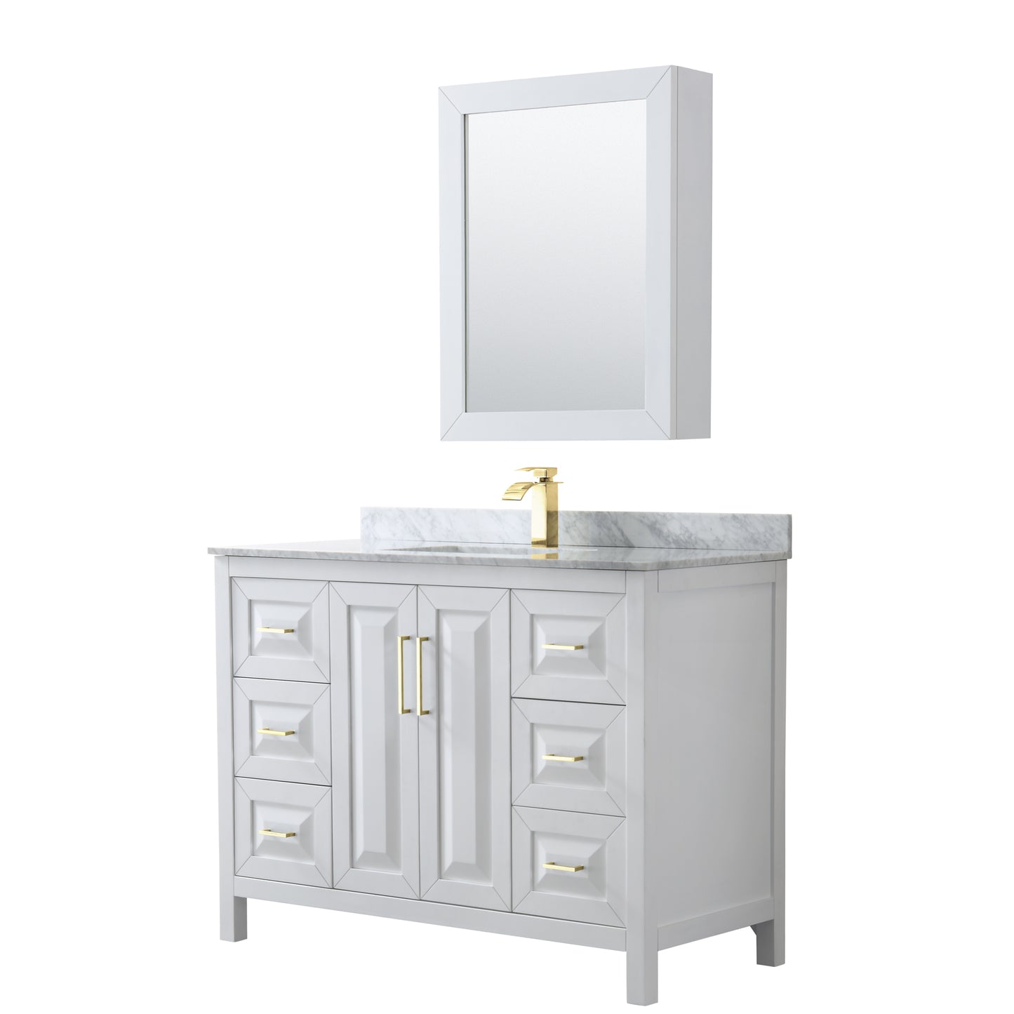 Daria 48" Single Vanity in White, Top, Medicine Cabinet, Brushed Gold Trim