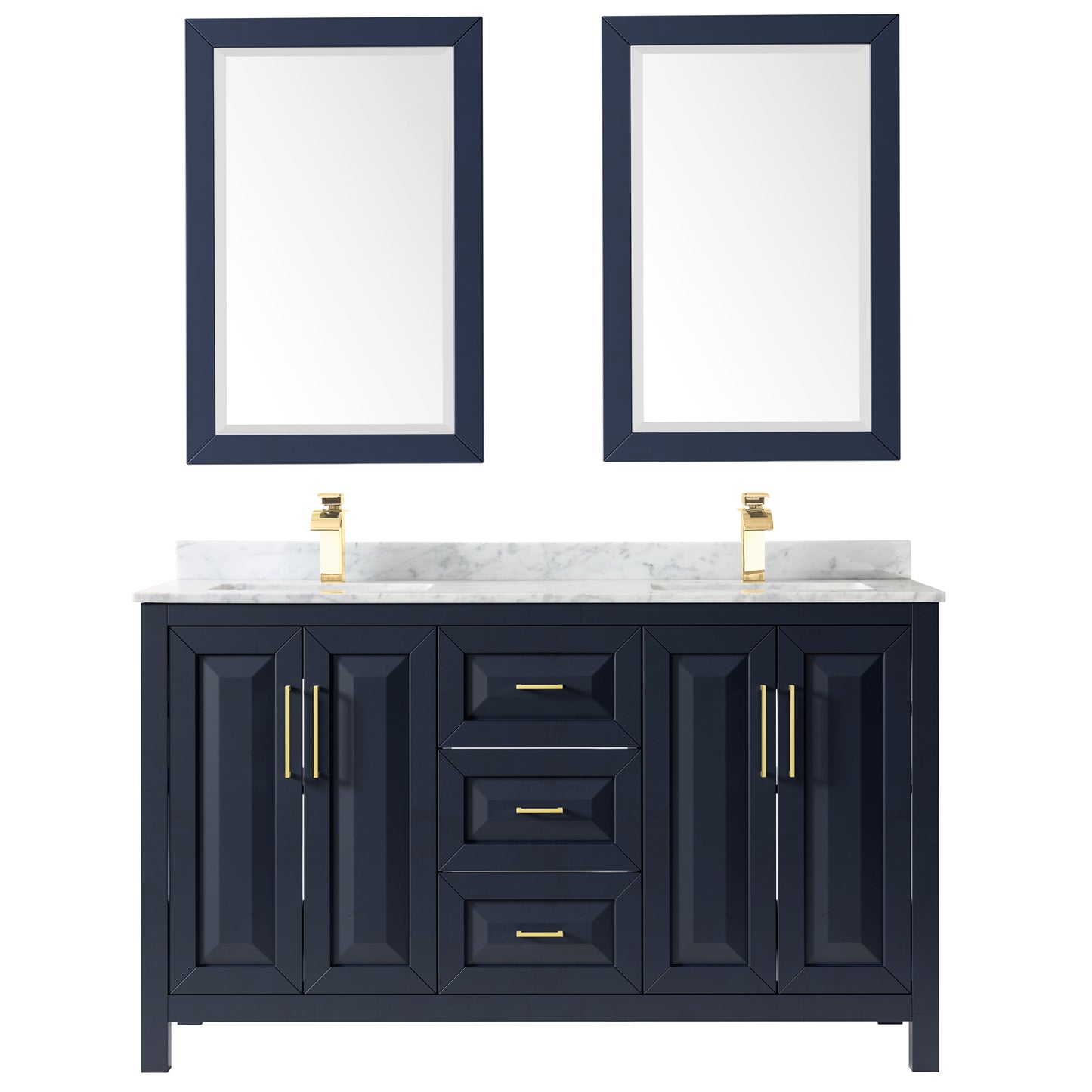 Daria 60" Double Vanity in Dark Blue, Top, Square Sinks, 24" Mirrors