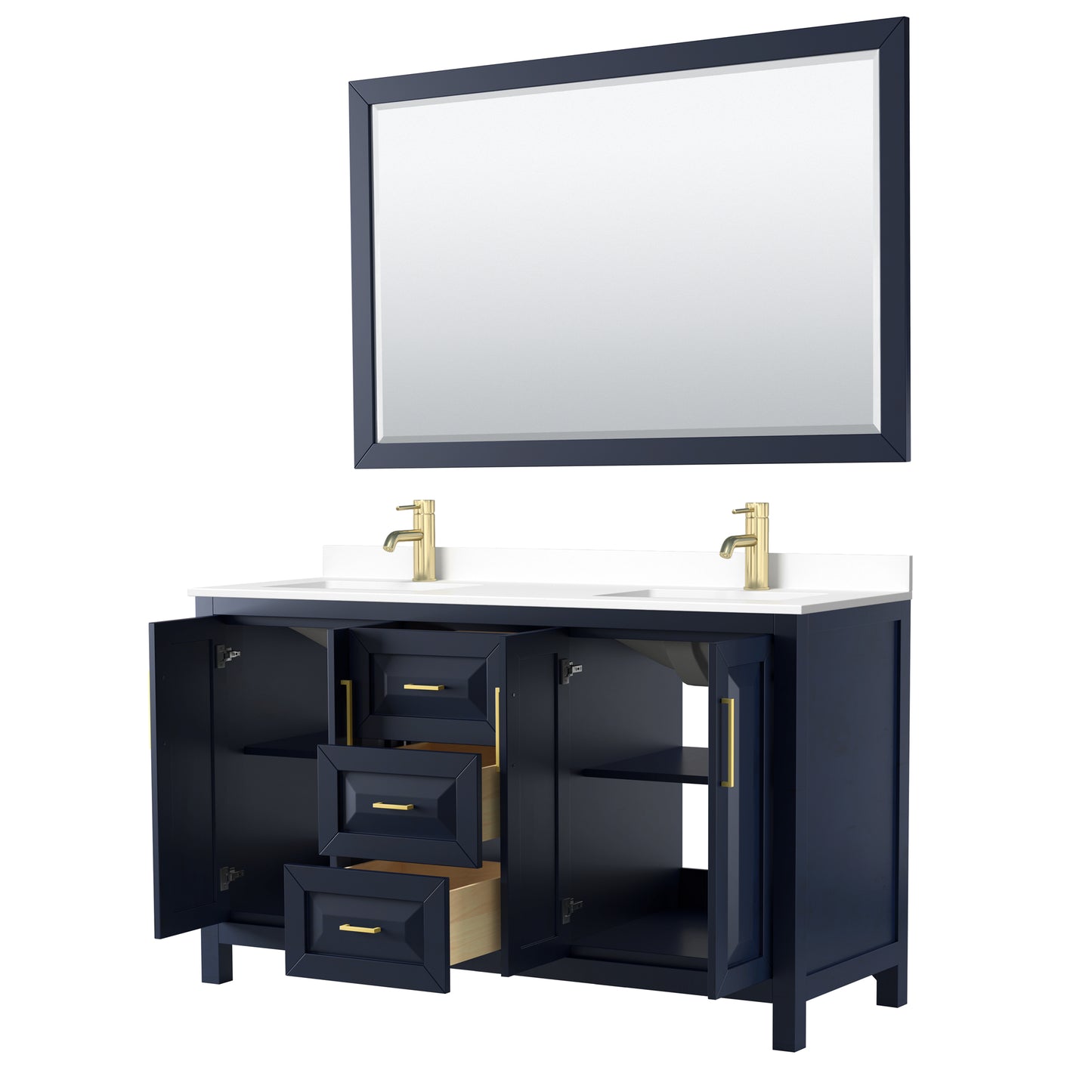 Daria 60" Double Vanity in Dark Blue, White Cultured Marble Top, 58" Mirror