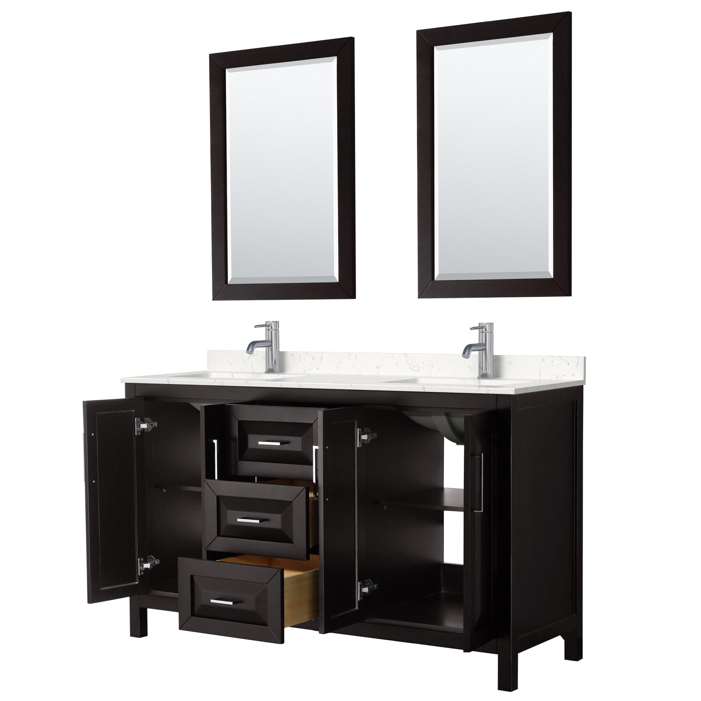 Daria 60" Double Vanity in Espresso, Carrara Cultured Marble Top, 24" Mirrors