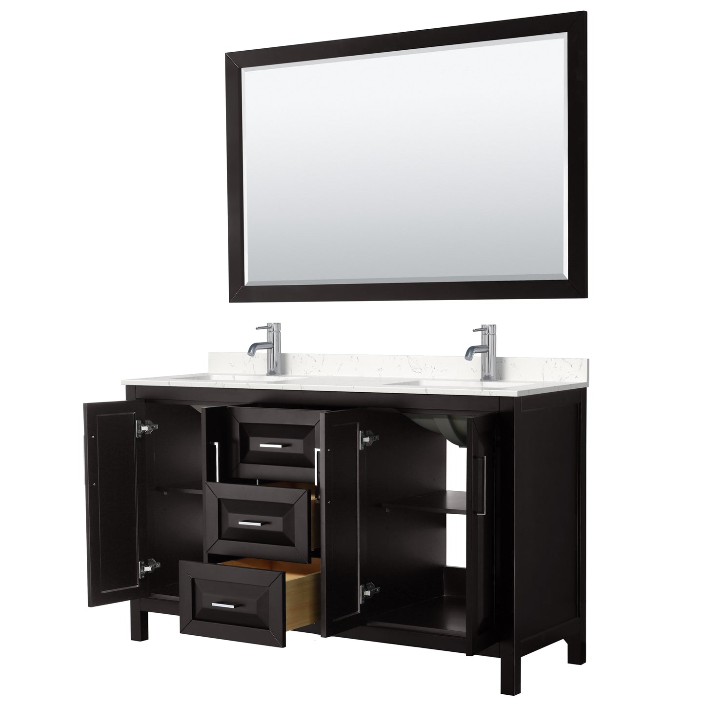 Daria 60" Double Vanity in Espresso, Carrara Cultured Marble Top, 58" Mirror