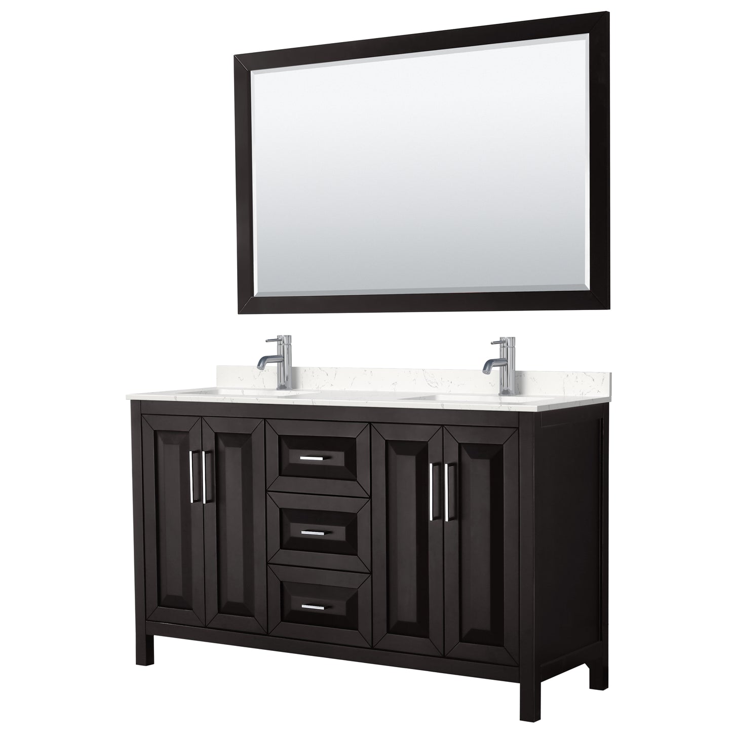 Daria 60" Double Vanity in Espresso, Carrara Cultured Marble Top, 58" Mirror