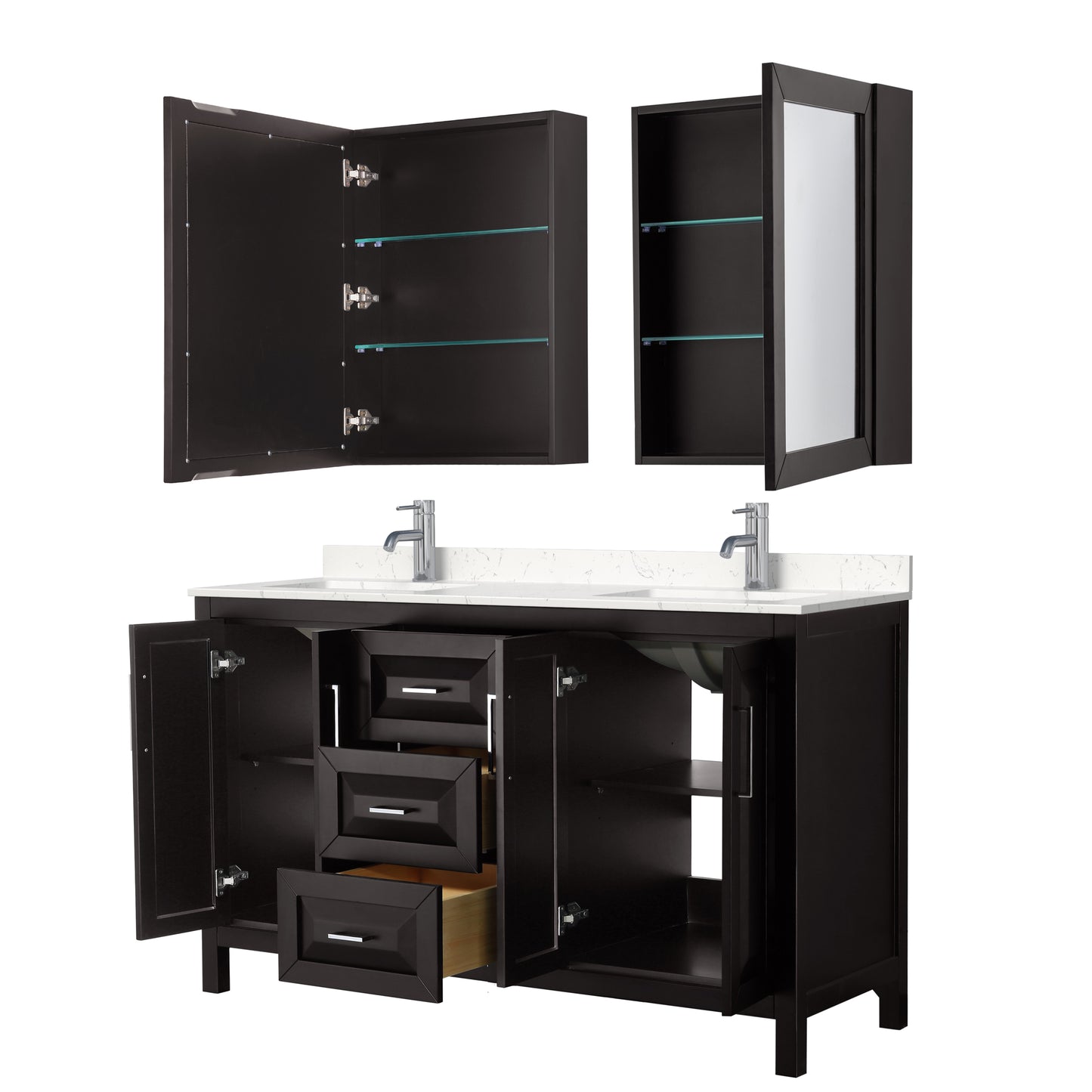 Daria 60" Double Vanity in Espresso, Carrara Marble Top, Medicine Cabinets