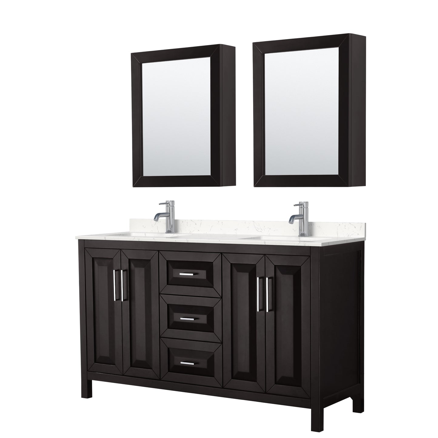 Daria 60" Double Vanity in Espresso, Carrara Marble Top, Medicine Cabinets